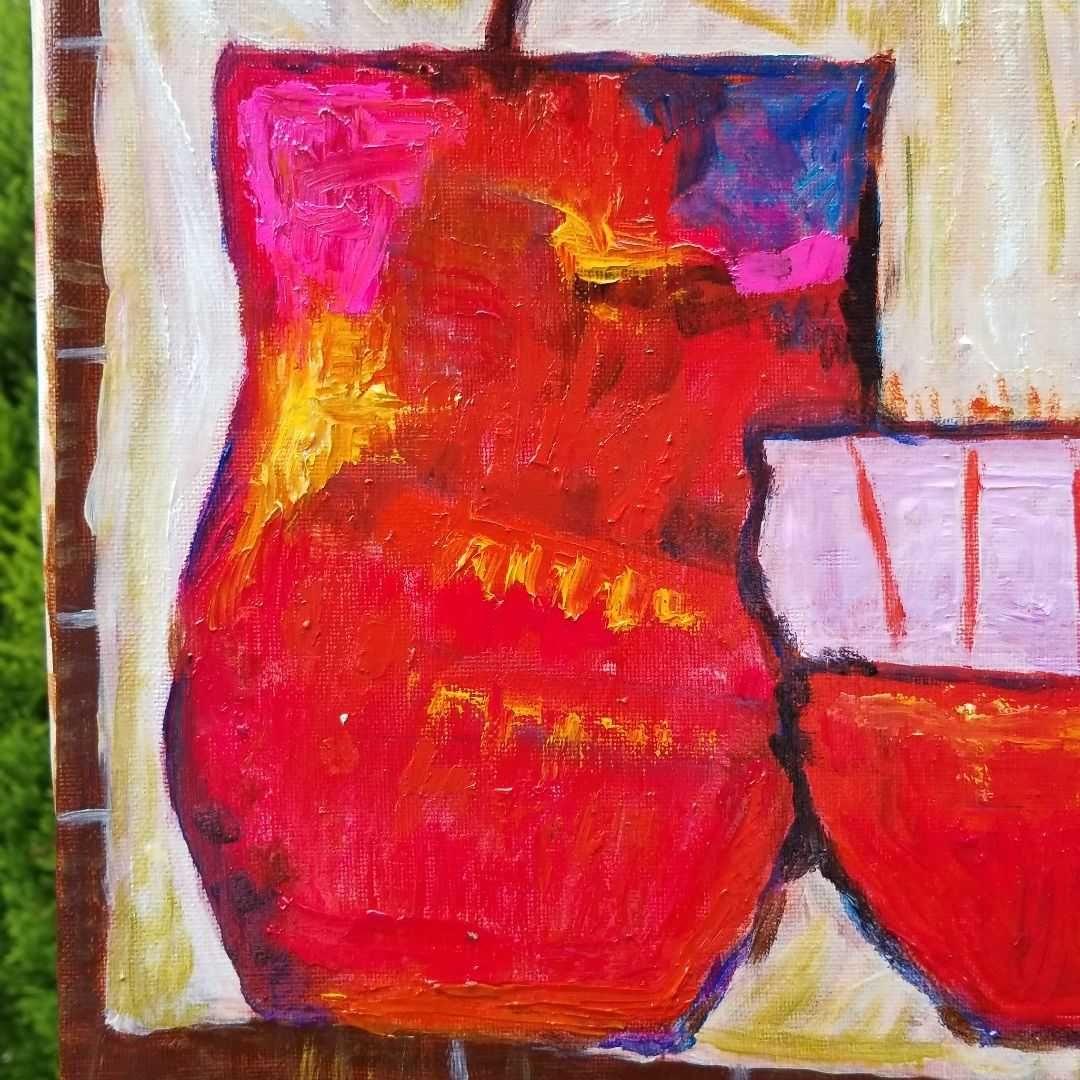 油絵　よっこ　ふたつのうつわと青い花