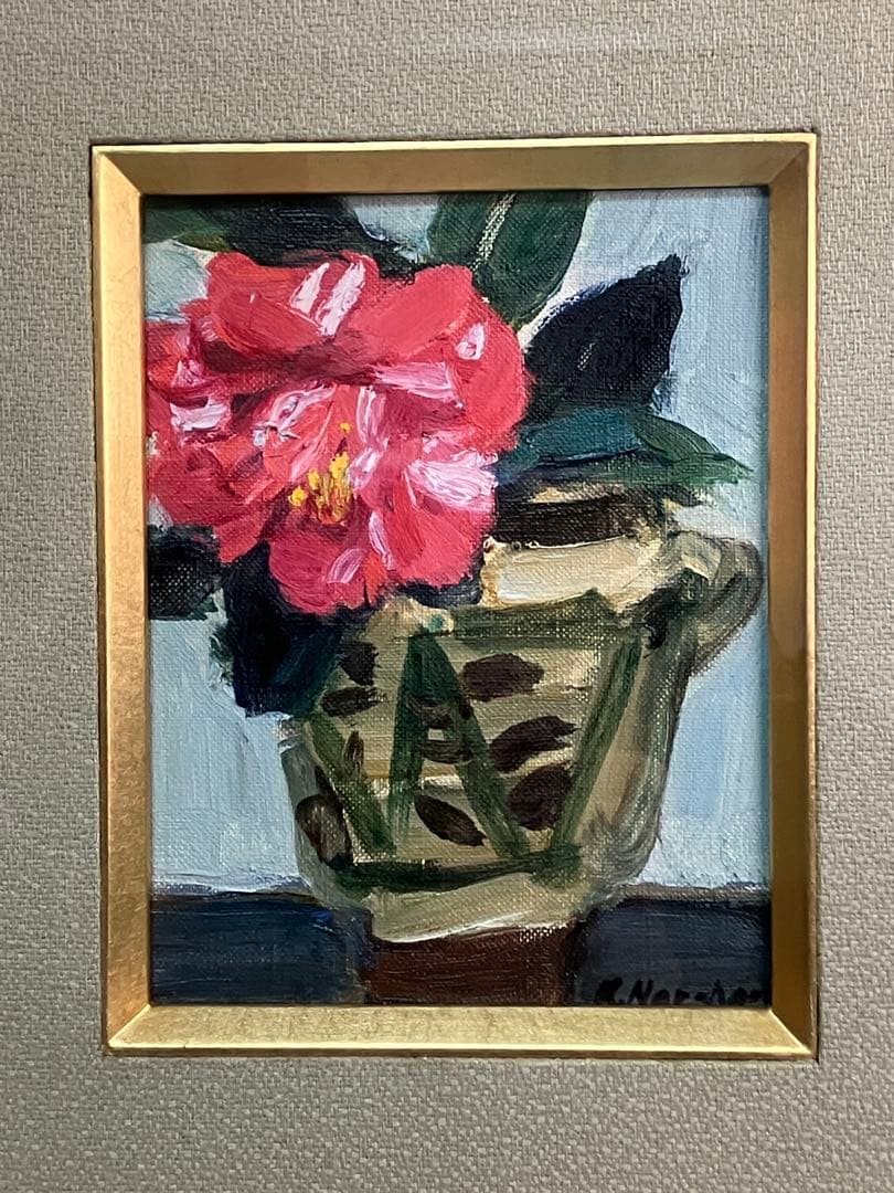 楢原健三「椿」 0号 油彩 油絵 絵画 静物画 当時オリジナル額装 木製額縁