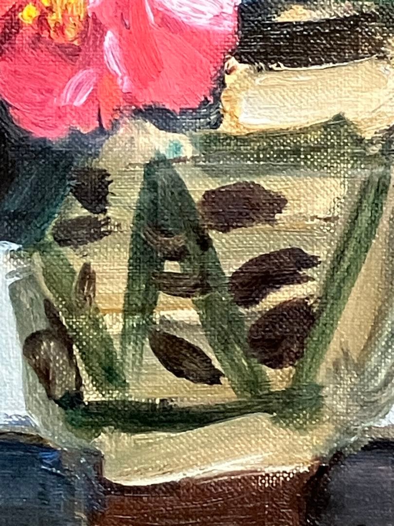 楢原健三「椿」 0号 油彩 油絵 絵画 静物画 当時オリジナル額装 木製額縁