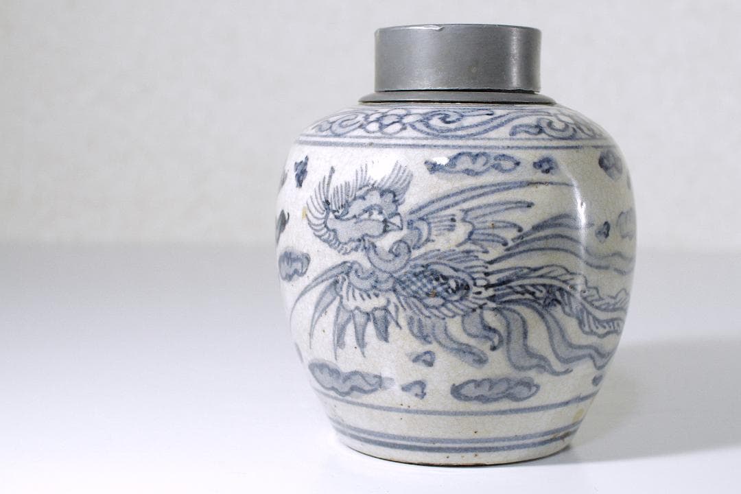 湖東焼 安南呉須 錫口茶入 [鳳凰・桐・雲気文]