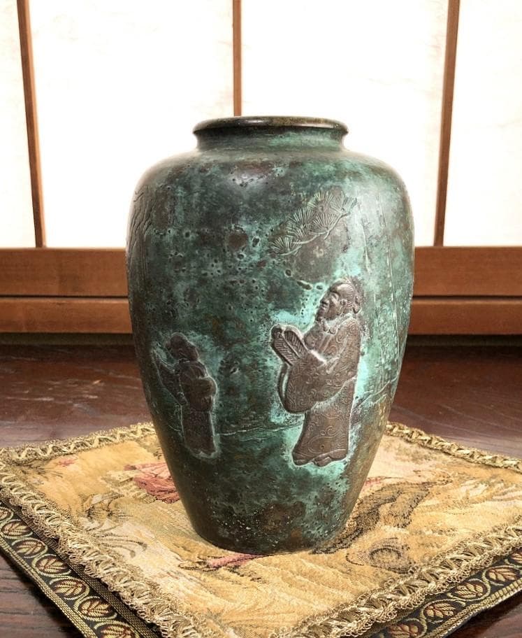 【 高肉象嵌銅壺 】　 高士唐子図　中華古玩