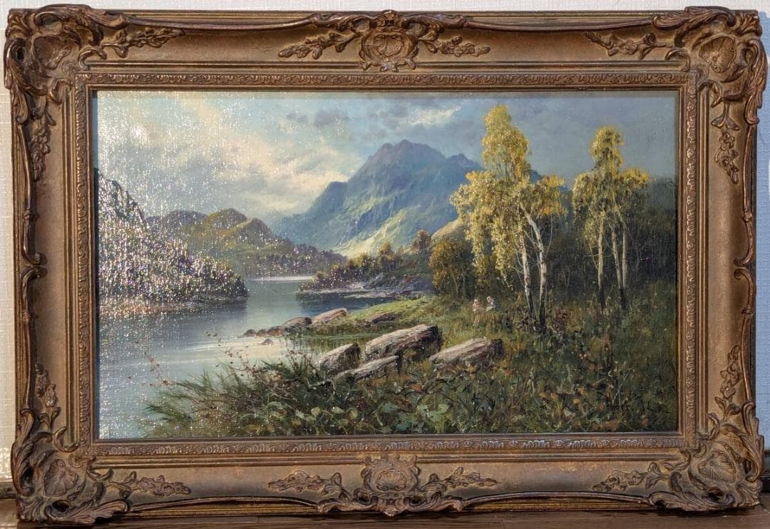 【真作】絵画　油彩　白樺と湖畔の静寂　クラシカル油絵　山光映える渓谷　Y14