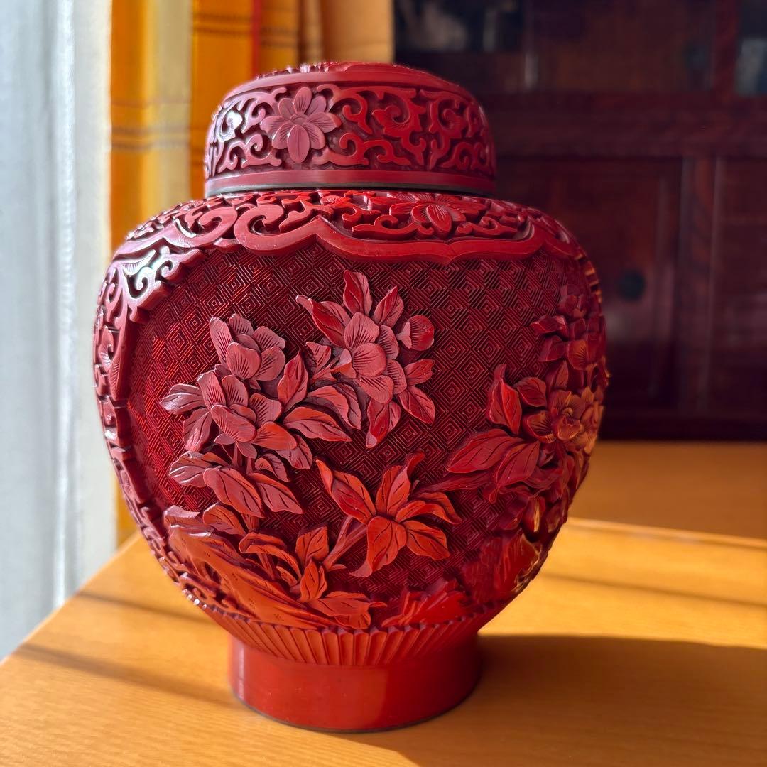 堆朱 蓋付き壺 中国美術 彫刻 骨董品 置物 昭和レトロ アンティーク