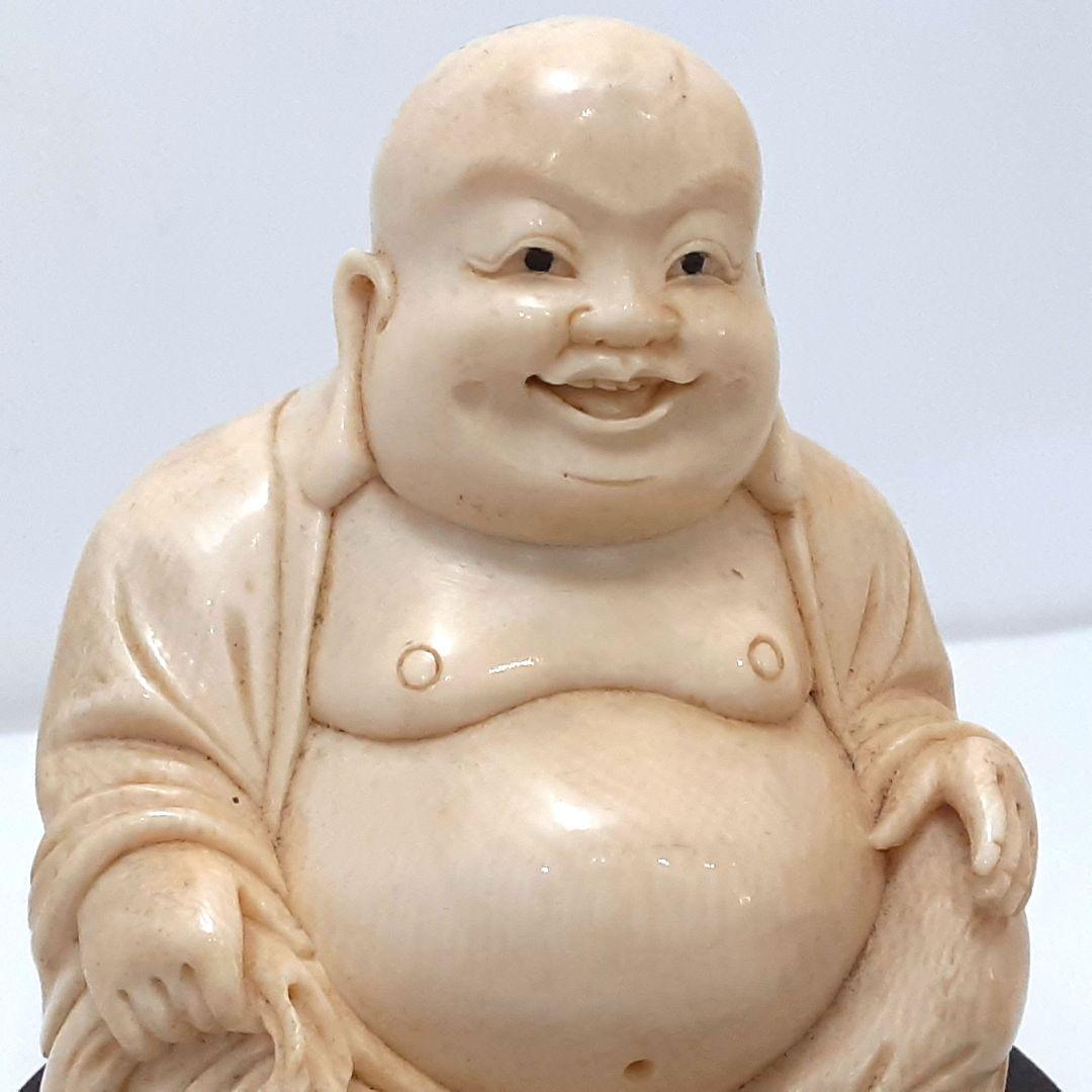 Y1701-5 細密彫刻 極上 布袋置物 唐木台付 総重量319.4g