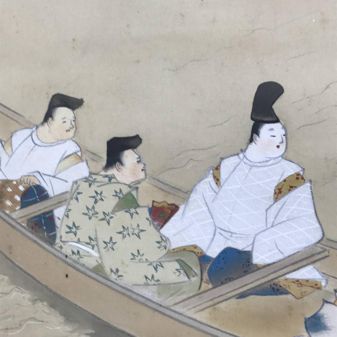 真作/岩佐古香/舟遊び図/遊船図/舟人物図/横物/掛軸☆宝船☆AE-266