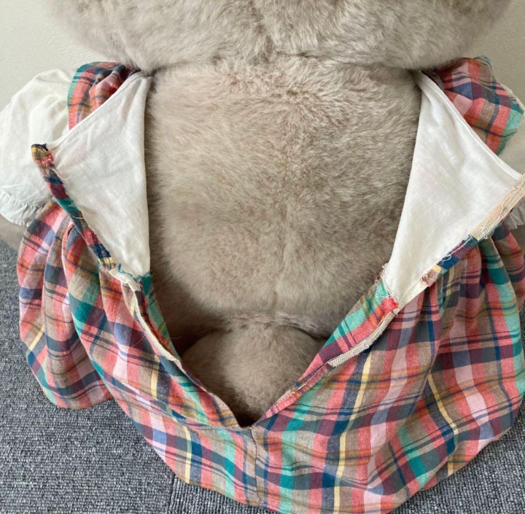 ★昭和レトロ★吉徳　グレーのうさぎ　ぬいぐるみ チェック柄ドレス