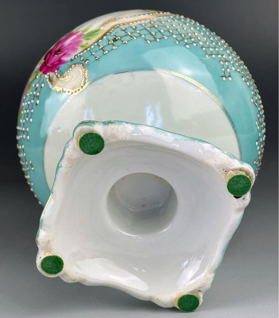 【希少】オールドニッポン 約２３cm アールヌーボー薔薇紋金盛り花瓶 ターコイズ
