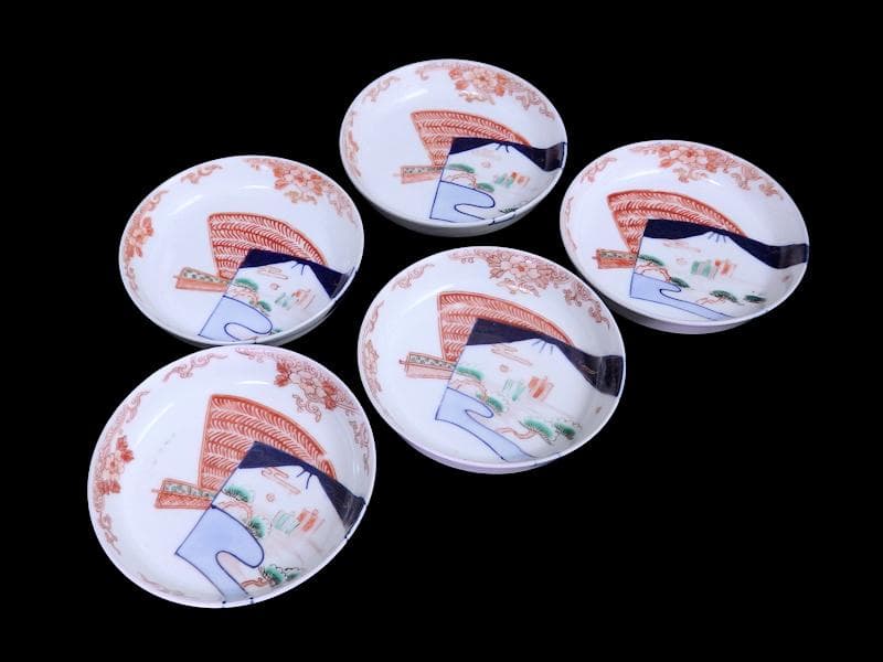 古伊万里　色絵　羊歯文様に松原帆掛け船　富士の図　５枚　B992AS-DAi