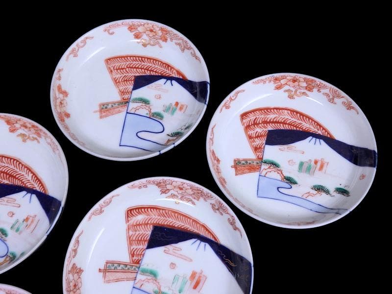 古伊万里　色絵　羊歯文様に松原帆掛け船　富士の図　５枚　B992AS-DAi