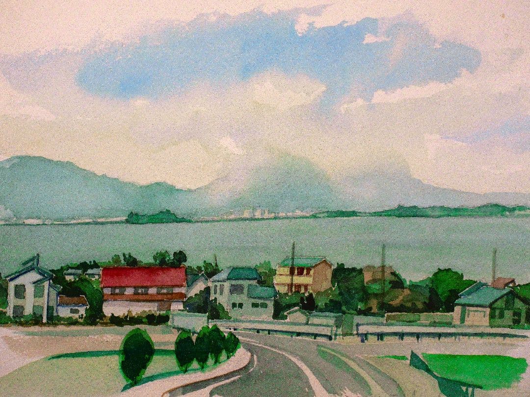 水彩画 相模湾を望む 額装済み