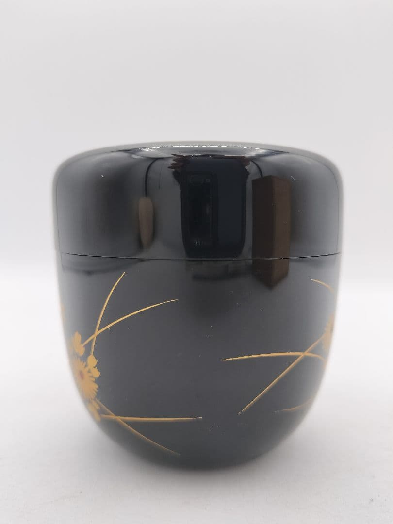 c614 黒中棗 菊蒔絵 岡本陽斎 木箱 茶道具 古物
