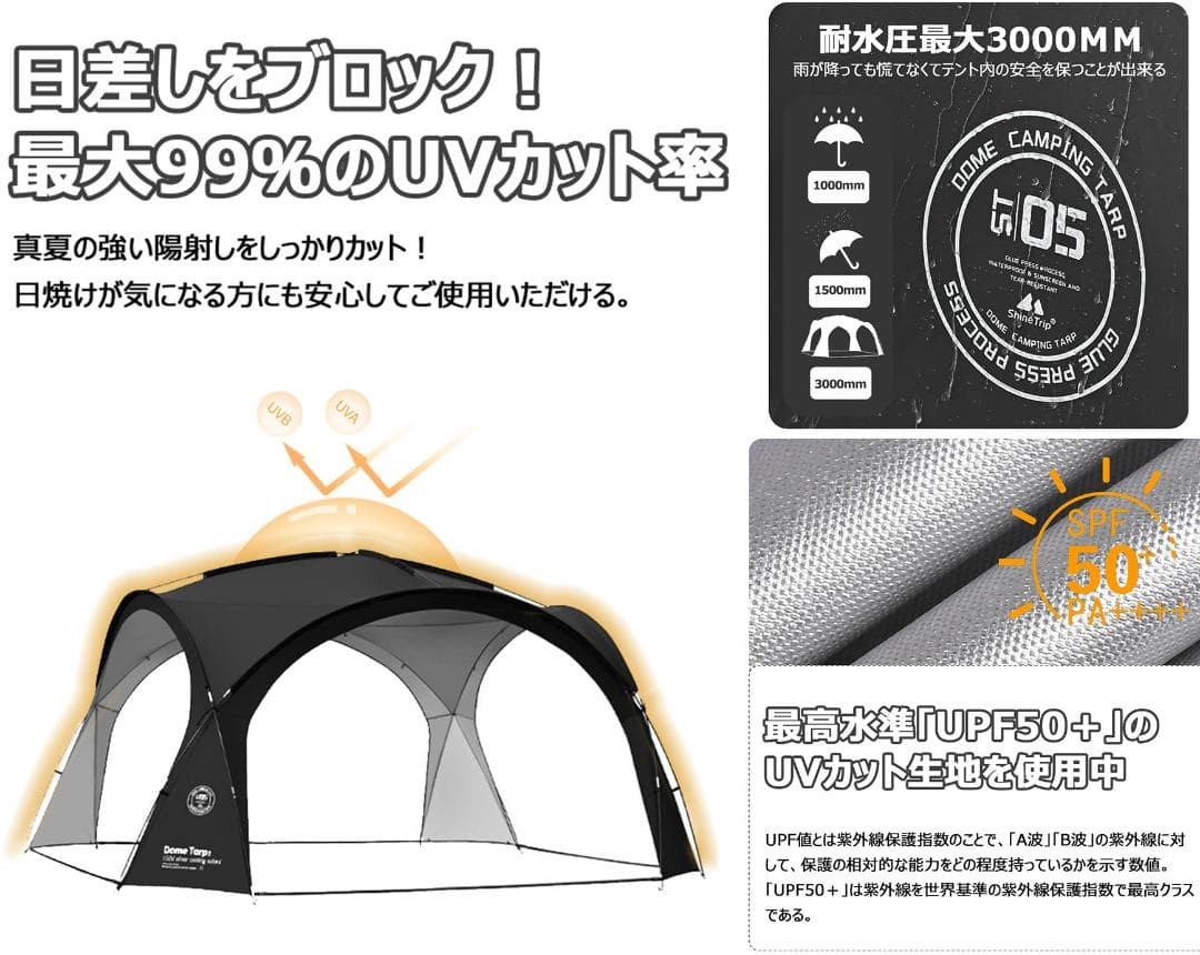 （本体*1 防水窓*4）大型ドームテント UV加工 防水 キャンプ アウトドア