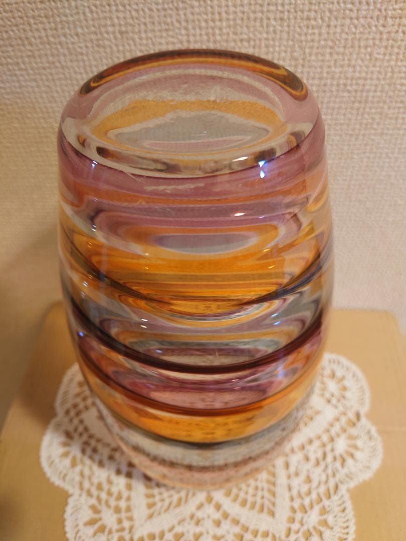 ボヘミア　グラス　レインボー　ボーダー柄　花瓶　チェコ製