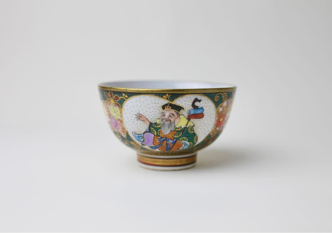 九谷焼　寿老人　細密絵　青海波　七宝図　青粒　煎茶器　急須　茶碗