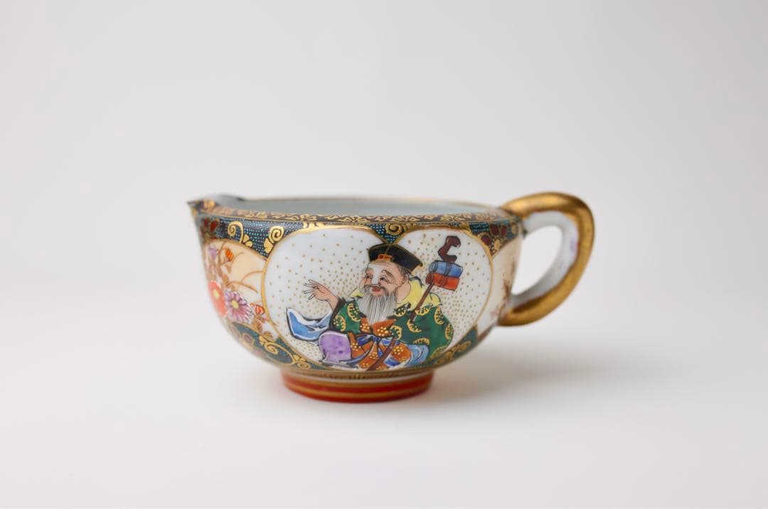 九谷焼　寿老人　細密絵　青海波　七宝図　青粒　煎茶器　急須　茶碗