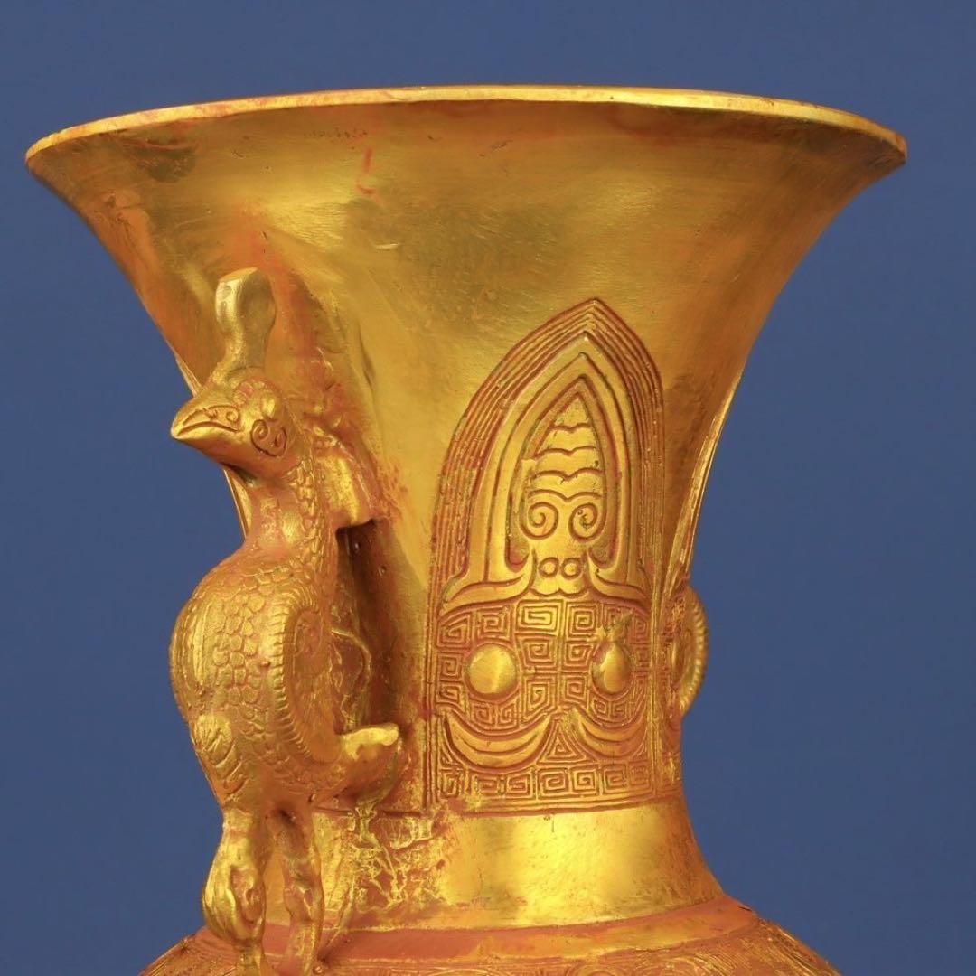 中国古美術 唐物旧蔵 純銅製西周冥紋塗金錯金獅足瓶 極細工 古賞物風水置物 絶品