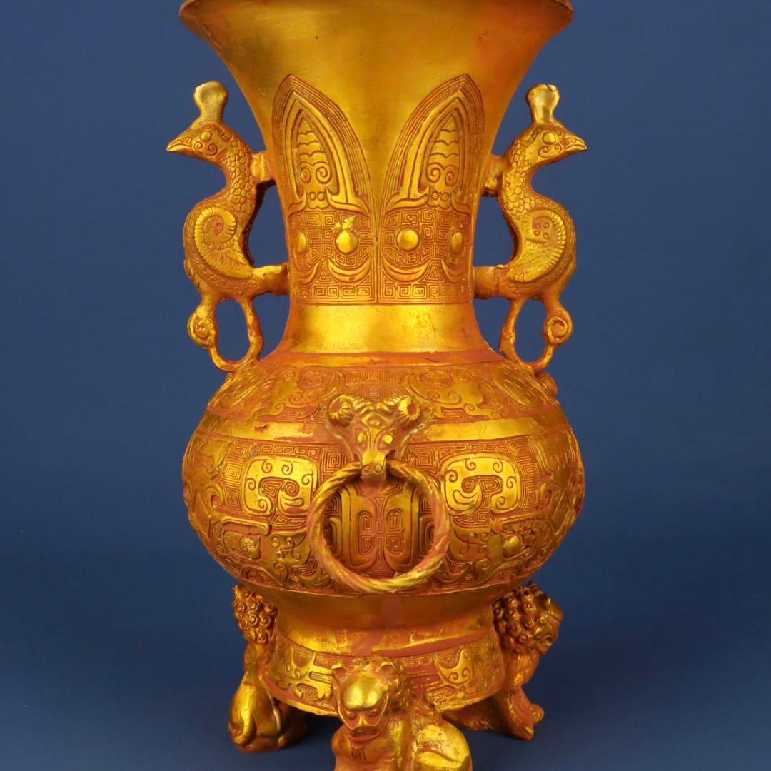 中国古美術 唐物旧蔵 純銅製西周冥紋塗金錯金獅足瓶 極細工 古賞物風水置物 絶品