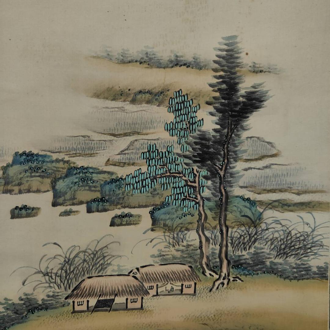 真作/藤原完堂/青緑田園風景図/山水/絹表装/布袋屋掛軸A-633