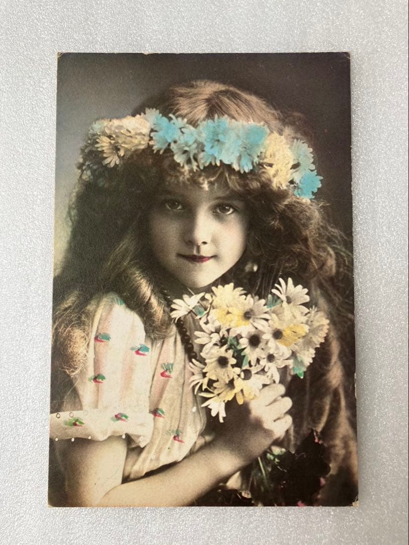 アンティーク ポストカード マーガレットの花冠の少女エレンちゃん