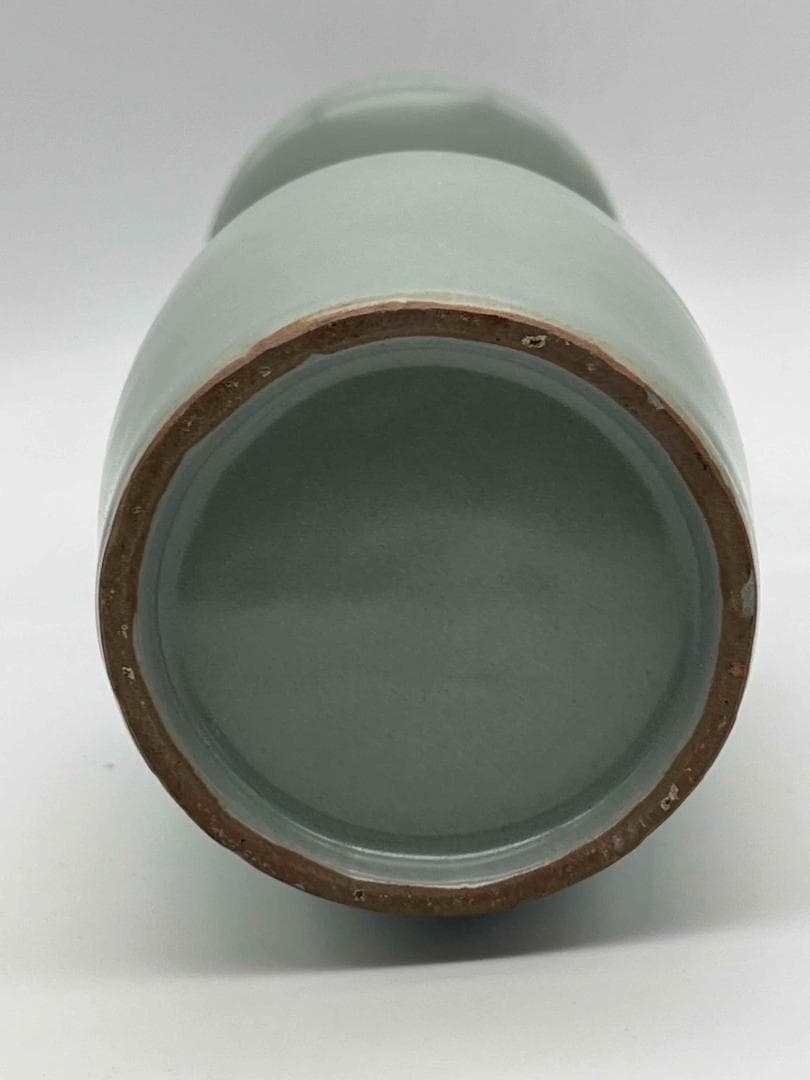 南宋時代　青磁　龍泉窯摩羯耳盤口瓶 花瓶 漆蓋付き 唐物 (A-74)