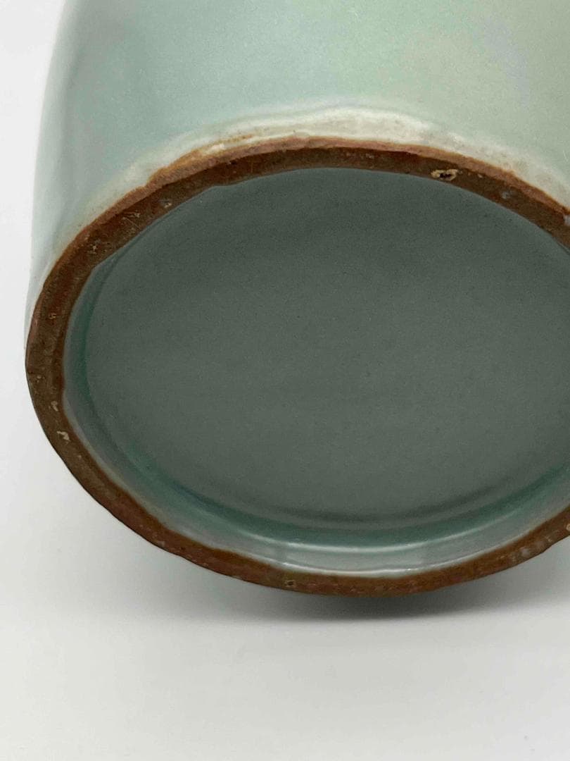 南宋時代　青磁　龍泉窯摩羯耳盤口瓶 花瓶 漆蓋付き 唐物 (A-74)