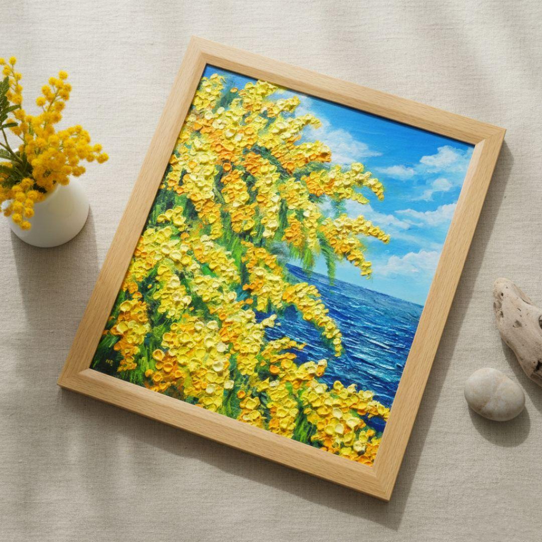 油絵 油彩 油彩画 絵 絵画 【ミモザの海】