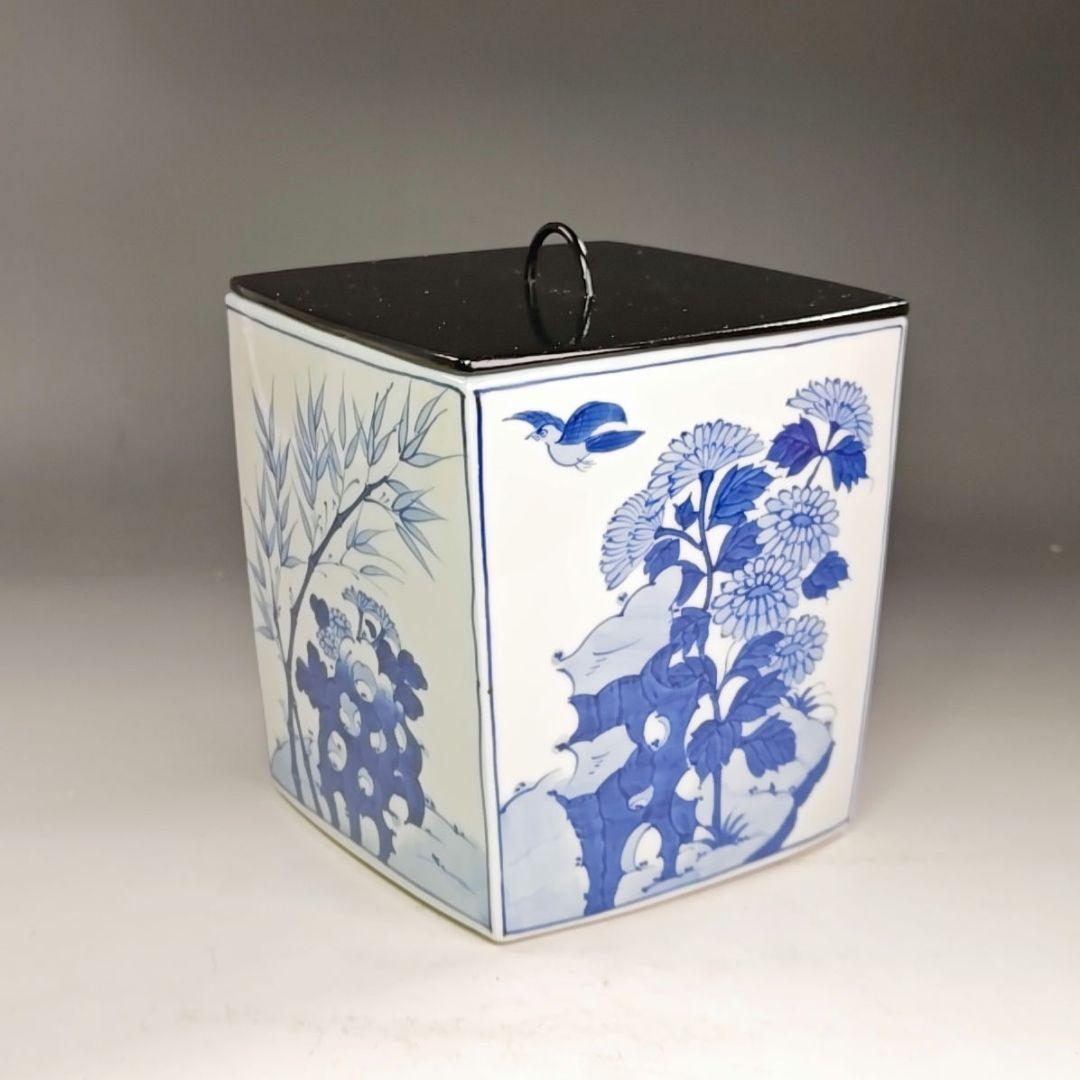 イ943 水指『平安　手塚祥堂』『染付四君子四方形　水指　共箱』茶道具