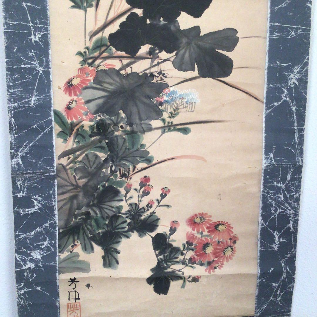 No2837掛軸　中村芳中　墨彩花鳥図　紙本　京都　琳派　古画　日本画　送料無料