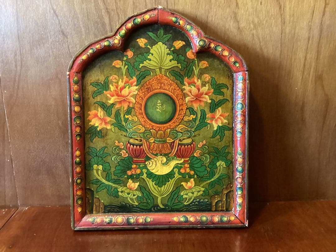 中国・雲南 シャングリラ　チベット文化圏 木製手描き花文様パネル　一点物