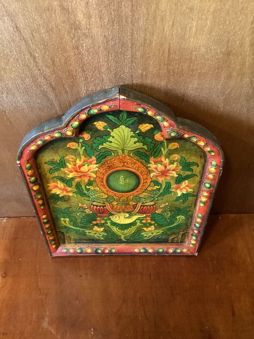 中国・雲南 シャングリラ　チベット文化圏 木製手描き花文様パネル　一点物