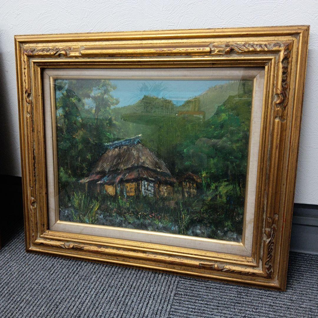 茅葺屋根の家屋 油絵 アンティーク ヴィンテージ