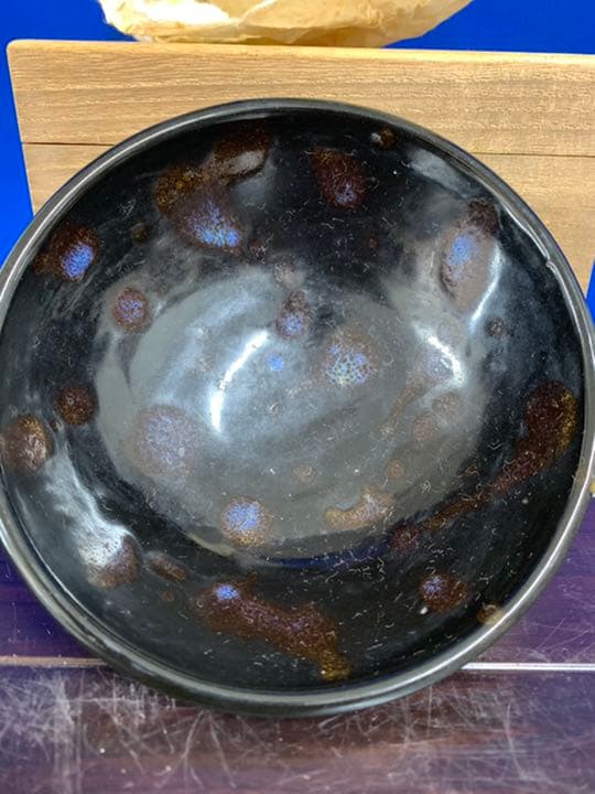 古美術　中国南宋時代藍斑天目茶碗　共箱　共紙XG6-1