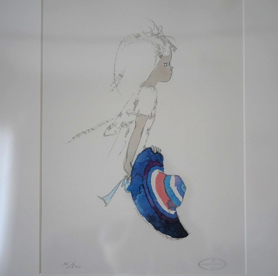 【美品】いわさきちひろ リトグラフ 『青いつば広帽子を持つ少女』