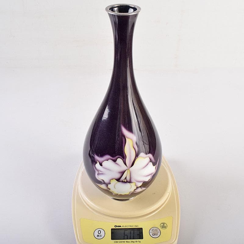 七宝焼　安藤七宝店　純銀刻印　カトレア文　鶴首瓶　台付　共箱　M　R8491B