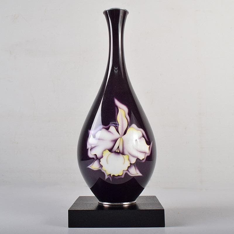 七宝焼　安藤七宝店　純銀刻印　カトレア文　鶴首瓶　台付　共箱　M　R8491B