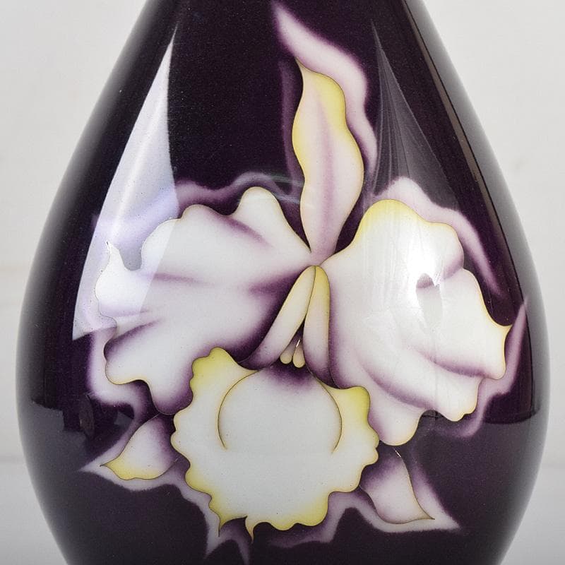 七宝焼　安藤七宝店　純銀刻印　カトレア文　鶴首瓶　台付　共箱　M　R8491B