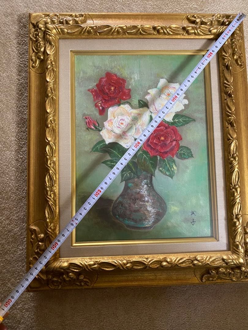 油彩画 バラの花束 金色フレーム 約42cm x 32cm