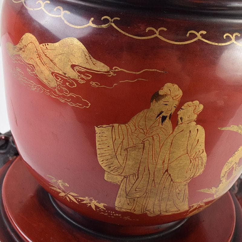 江戸時代　寛政期　朱塗　金蒔絵山水人物文　薄端　時代箱　V　R9446H