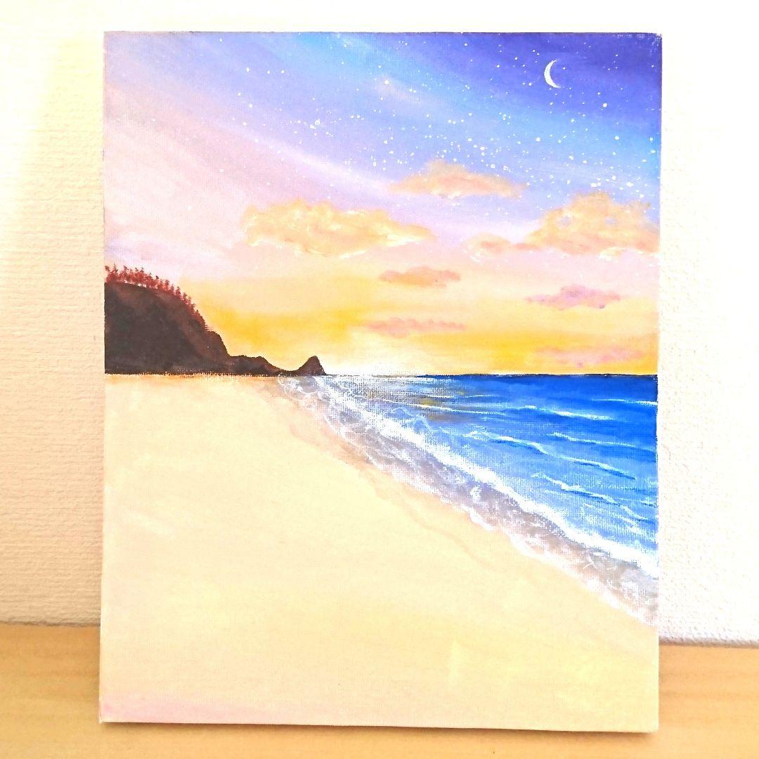 売却済み☆アクリル画 海 ビーチ 朝陽 朝焼け Beach Acrylic