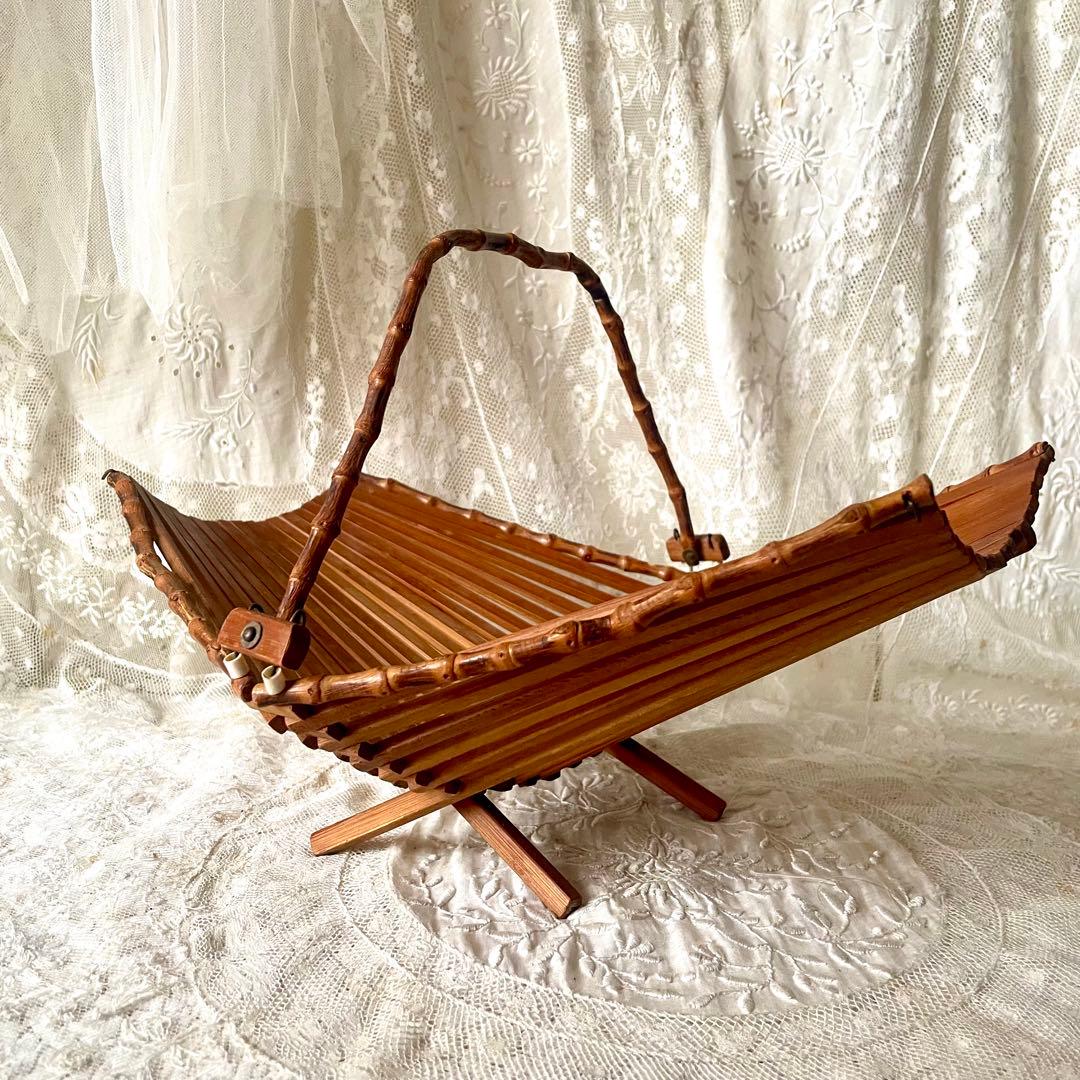 折り畳み式バンブーバスケット　パニエ　竹　北欧ヴィンテージ　デンマークかごカゴ籠