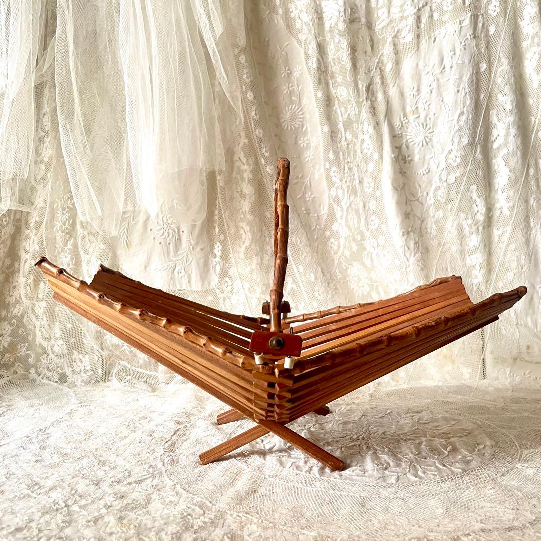 折り畳み式バンブーバスケット　パニエ　竹　北欧ヴィンテージ　デンマークかごカゴ籠