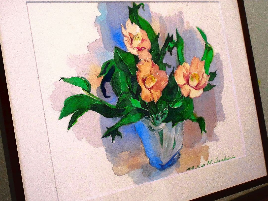 水彩画 (金魚葉の椿)額縁付き