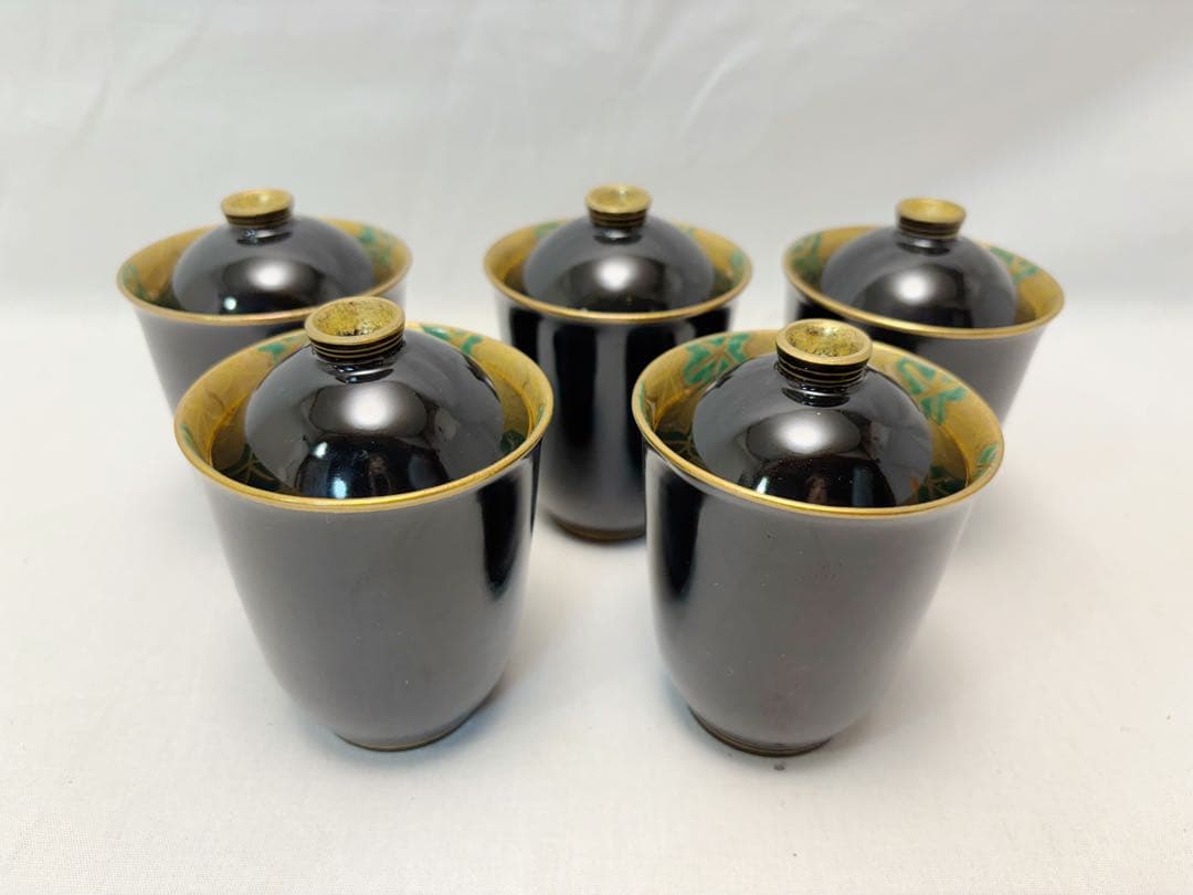 ほぼ未使用 懐石道具 京焼 金彩蒔絵 小吸物碗 箸洗5客揃え 見返し蒔絵 汁椀