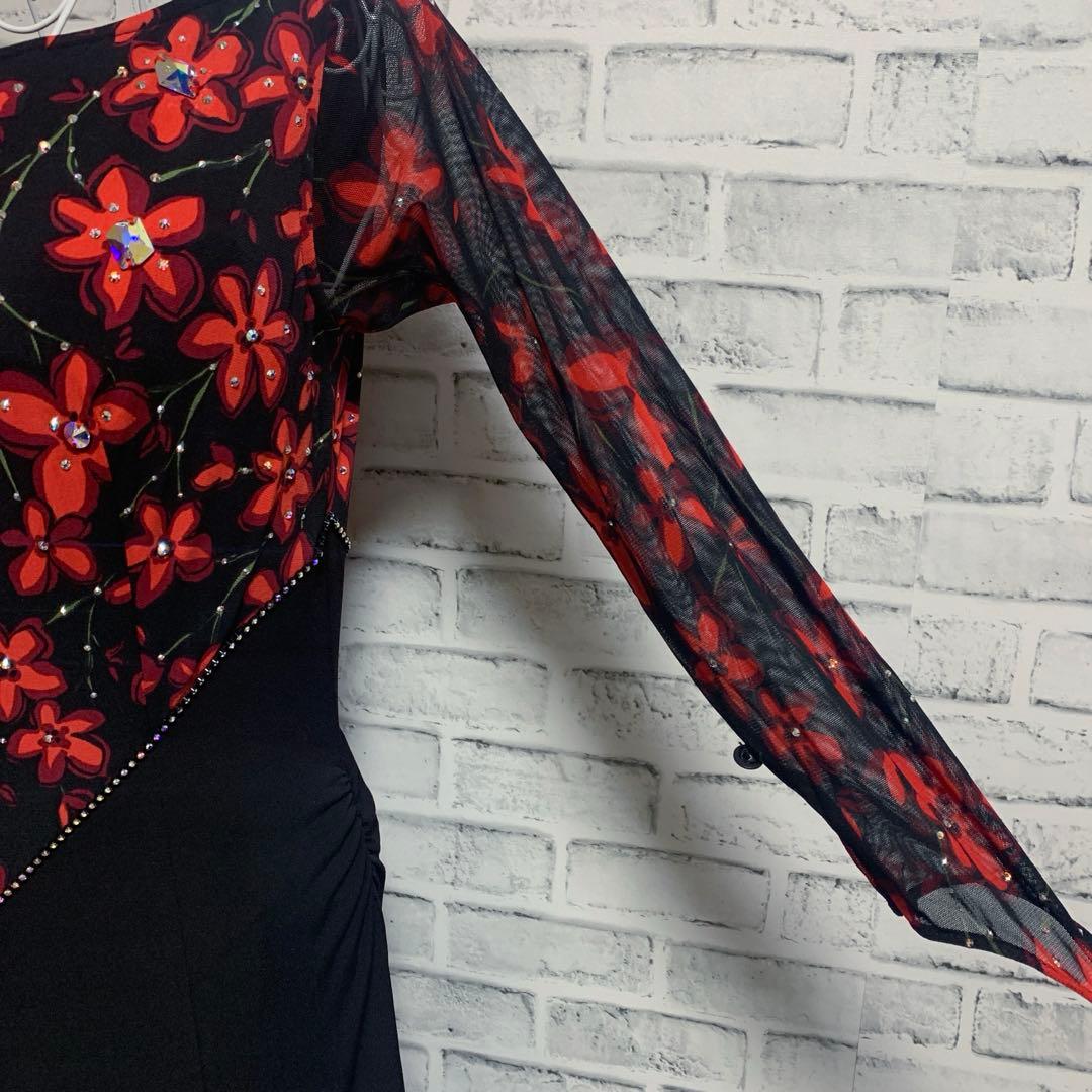 【in the MOOD】日本製　社交ダンス　花柄　赤黒カラー　ドレス　L