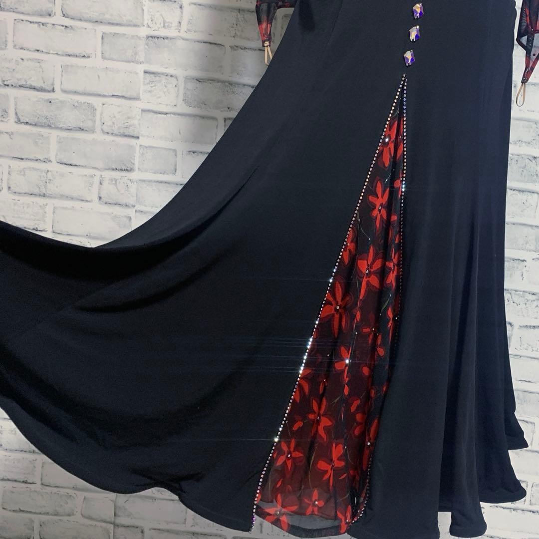 【in the MOOD】日本製　社交ダンス　花柄　赤黒カラー　ドレス　L