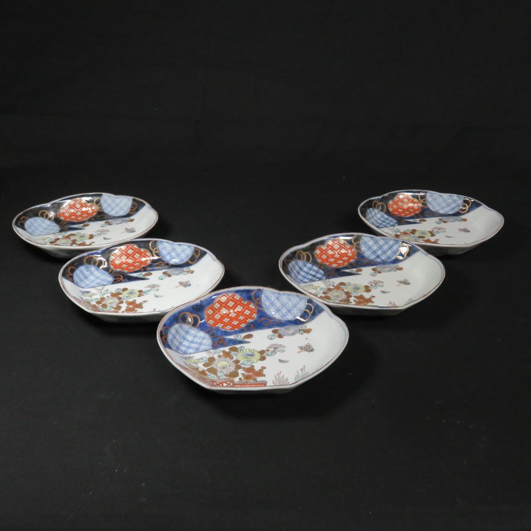 変形皿 貝型 5枚 古伊万里 江戸 蝶 花 宝 色絵付 珍品 希少