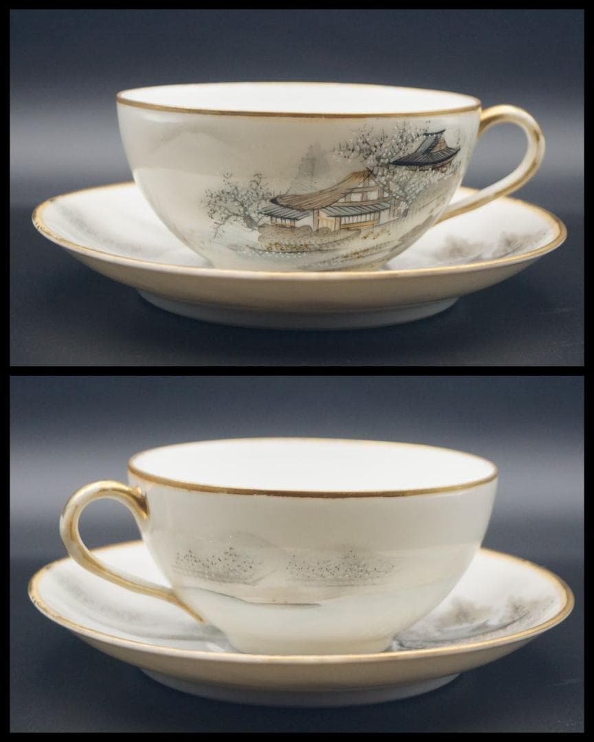 明治期 横浜焼 色絵『富士山水風景文』コーヒーカップ＆ソーサ― 里帰り