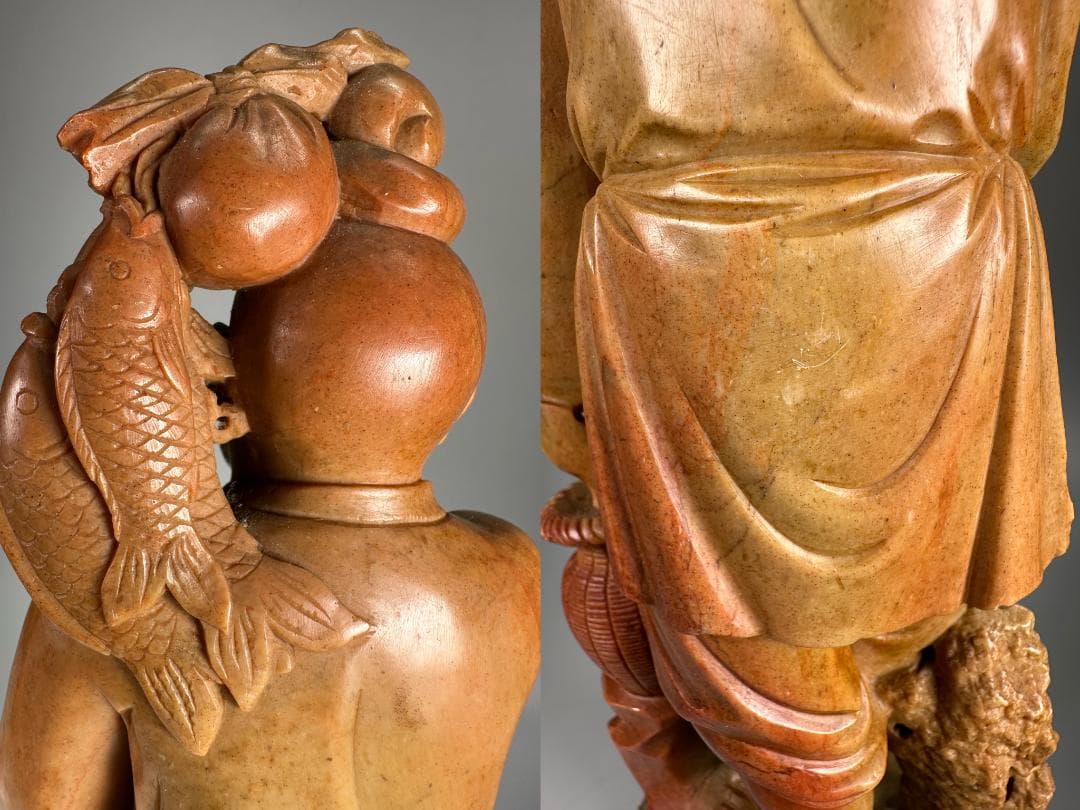 中国美術　文革時代　 寿山石漁夫の利彫人形　 古玩　置物　鑑賞　美品無傷