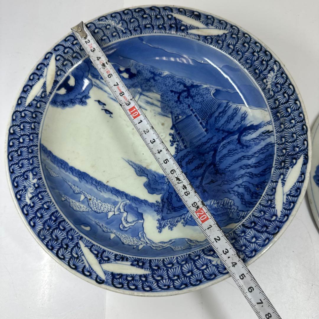 古伊万里　染付台皿2枚　木箱付　直径約25㎝東Y7-0424☆2Fトヒトカ