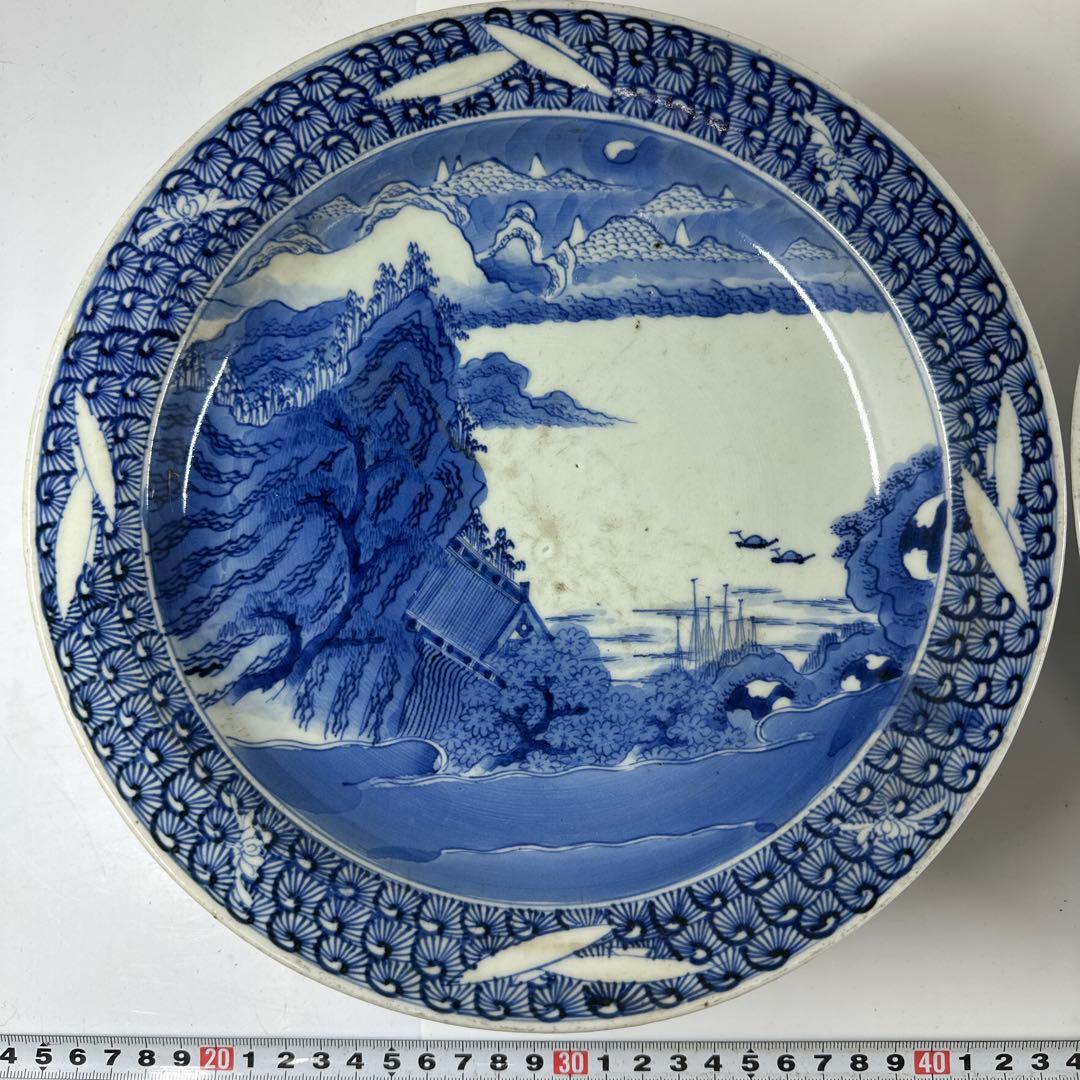 古伊万里　染付台皿2枚　木箱付　直径約25㎝東Y7-0424☆2Fトヒトカ